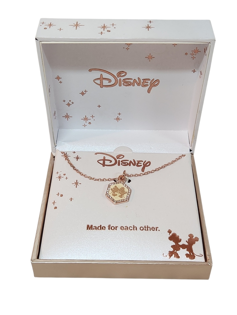 Disney Mickey & Minnie Rose Gold Hexagon Pendant Necklace "Made For Each Other"